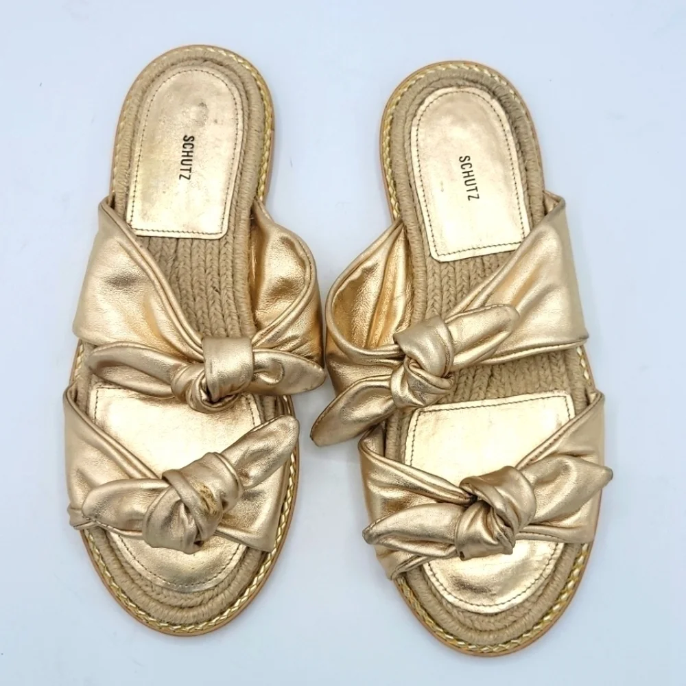 SCHUTZ Metallic Espadrille Slide Sandals Soft Gold Size 37.